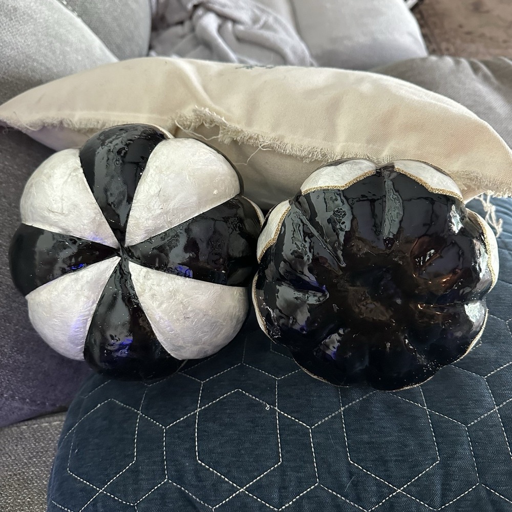 2 Black White Checkered Stacked Pumpkins Gold Stems Halloween Fall Topiary New - Picture 11 of 11